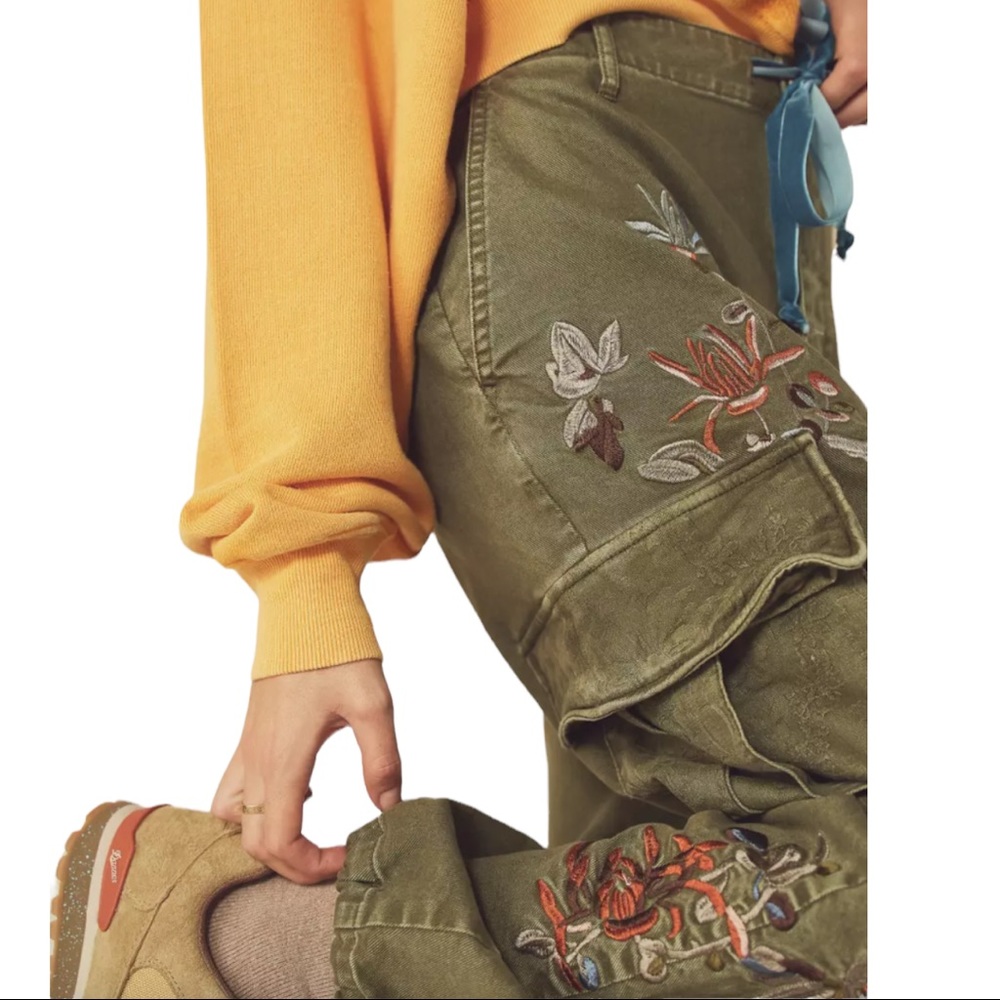 Free People Fallon Embroidered Cargo Utility M 29 8 Green Floral High Rise Pants